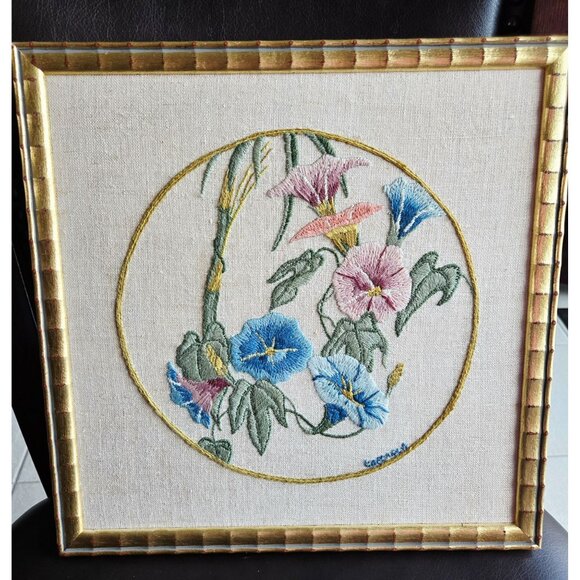 Handmade Embroidered Floral Wall Art In Gold Frame Morning Glory Design - Picture 1 of 7